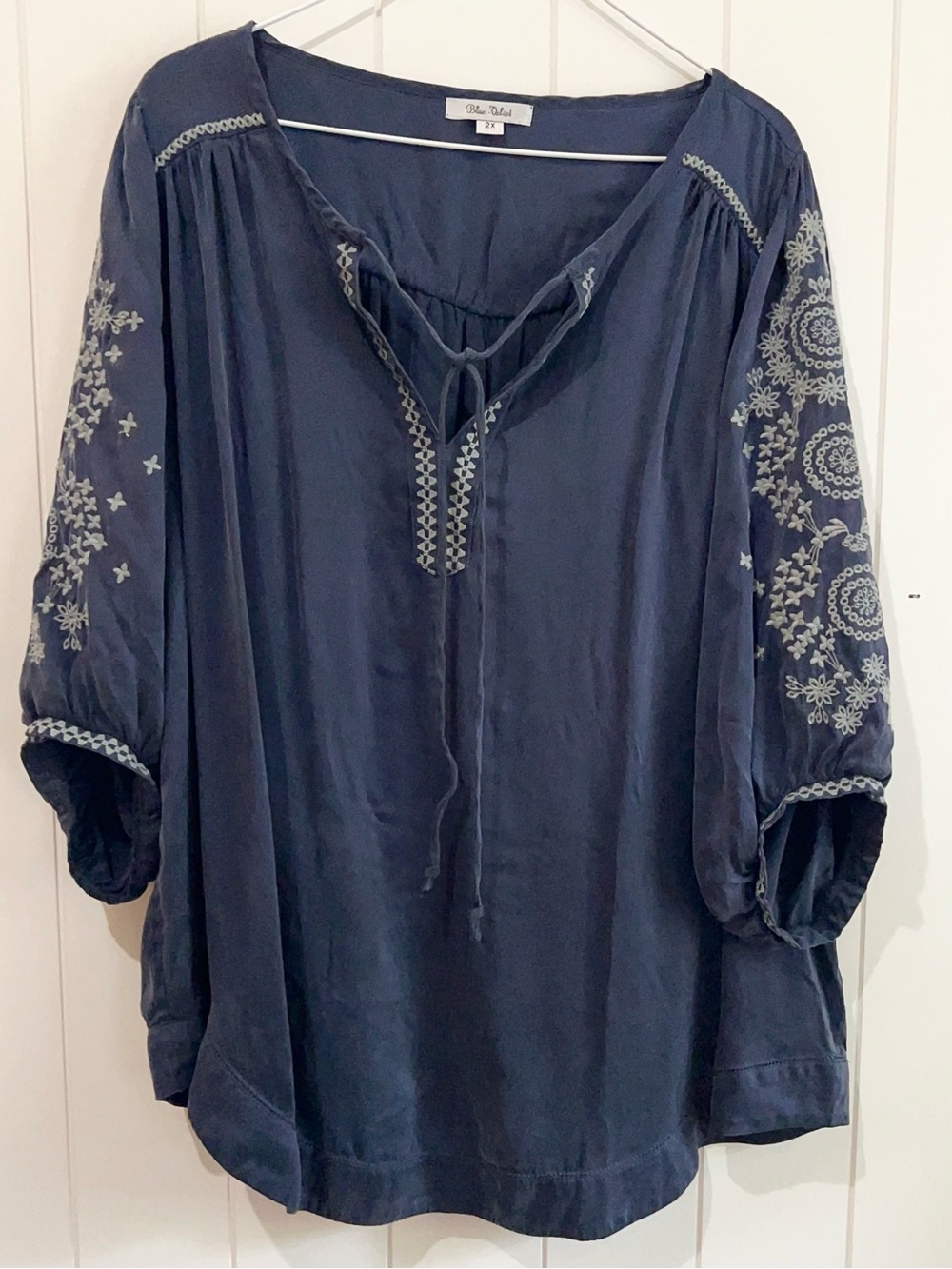 Vintage Silk Embroidered BOHO Western top Blouse size 2X Dusty Blue